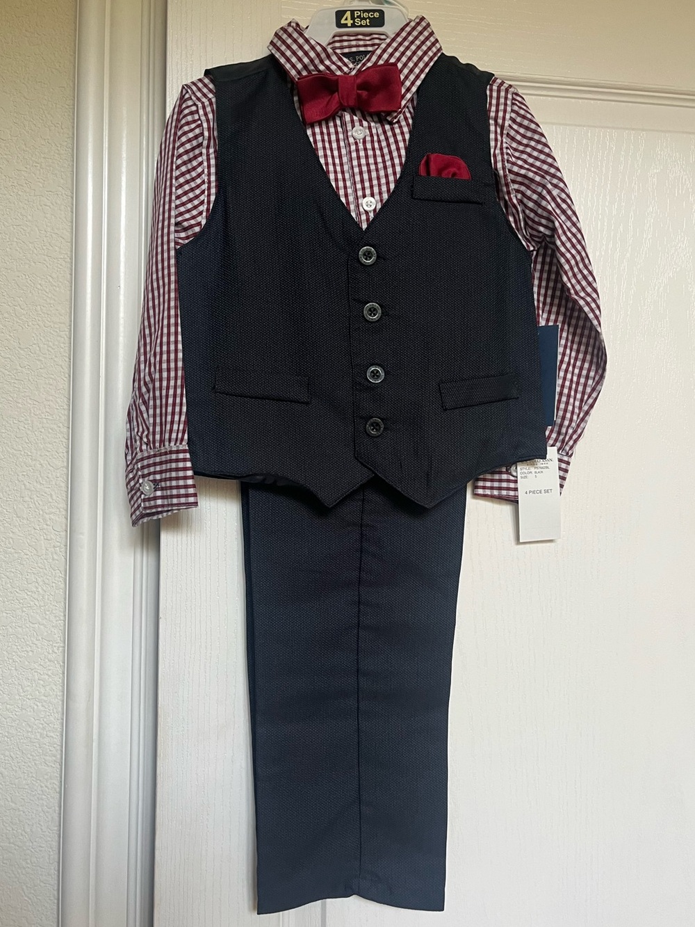 US Polo Assn Boys' 4-Piece Formal Suit Set Size 5T bow tie navy red plaid